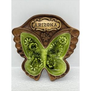 Vintage Treasure Craft Arizona Brown $ Green Butterfly Trinket Dish USA 5”